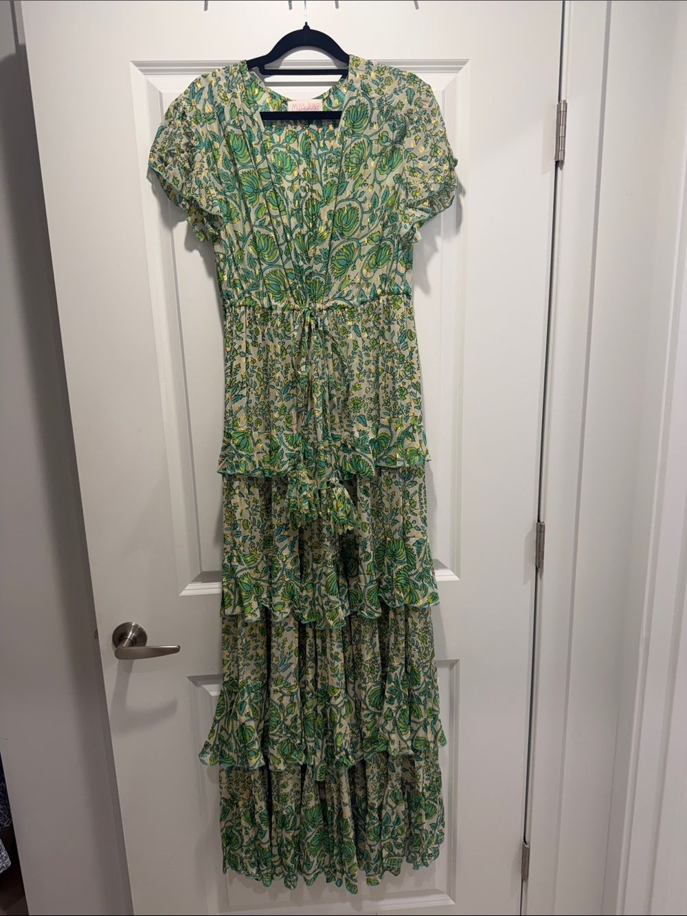 Tiered Green Sparkly Floral Maxi Dress with Drawstring Waist by Miss June Paris